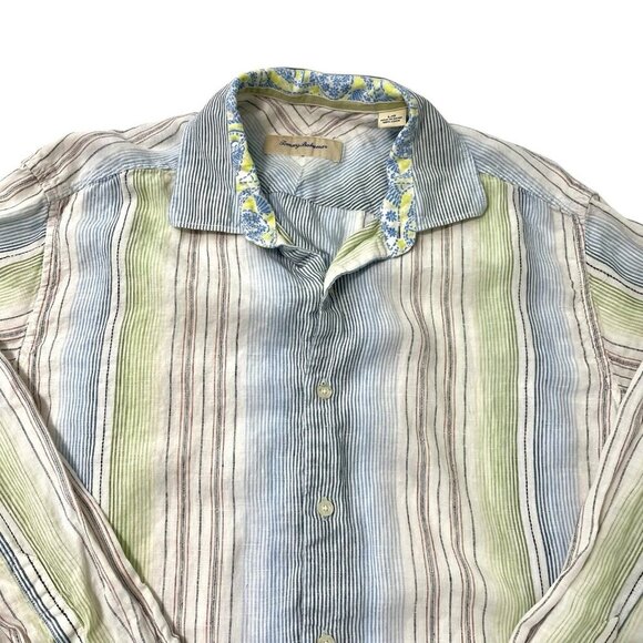 Tommy Bahama 100% Linen Stripe Long Sleeve Button Front Shirt size Large - Picture 2 of 5